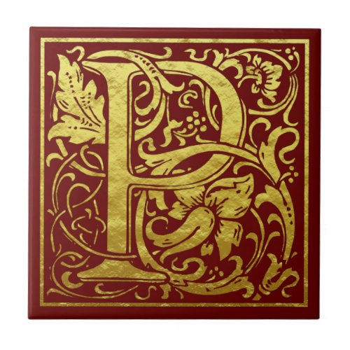 Letter P First Letter Faux Gold Red Ceramic Tile
