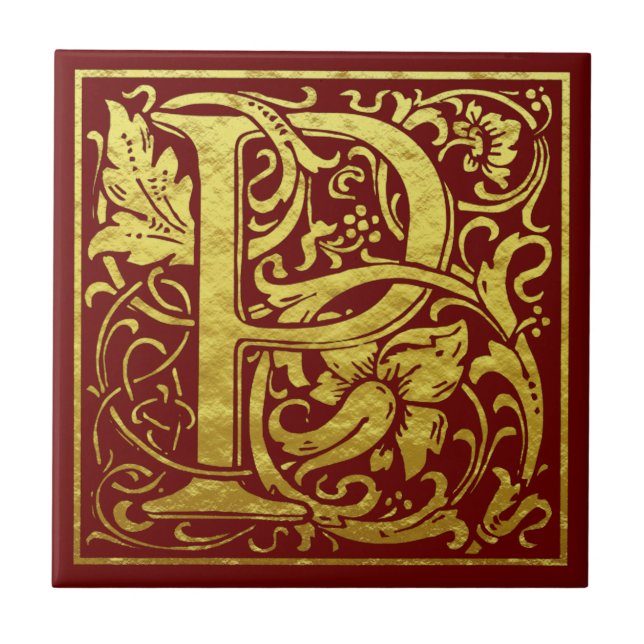 Letter P First Letter Faux Gold Red Ceramic Tile (Front)