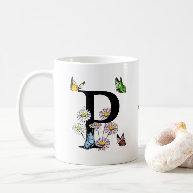 Letter P Floral Butterfly Monogram Initial    Coffee Mug (With Donut)