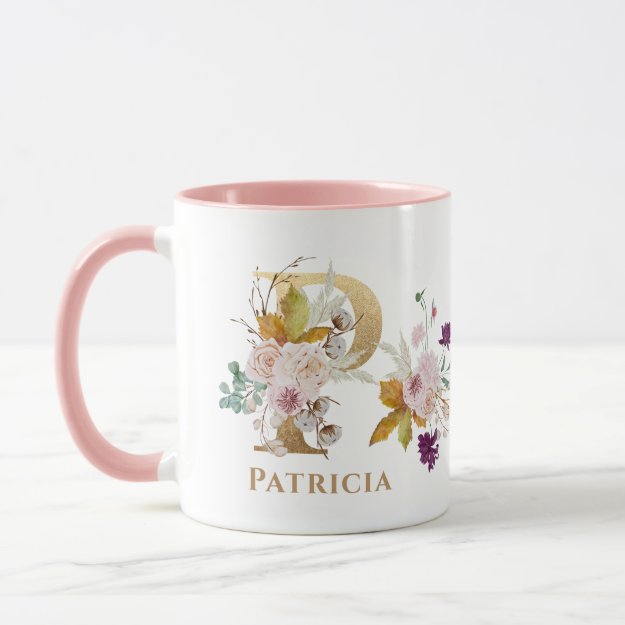 Letter P - Gold Floral Name sister coworker friend Coffee Mug
