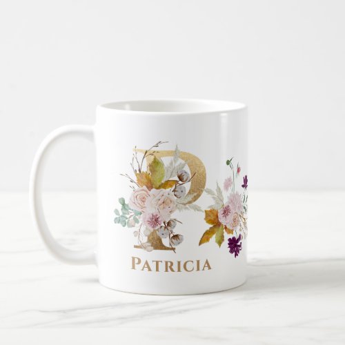 Letter P _ Gold Floral Name sister coworker friend Coffee Mug