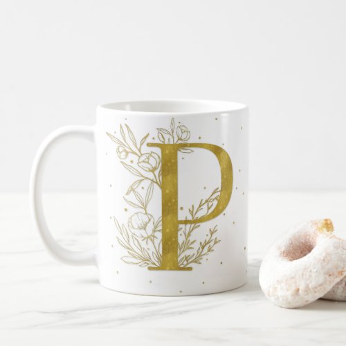 Letter P Gold Monogram Botanical Illustration Coffee Mug