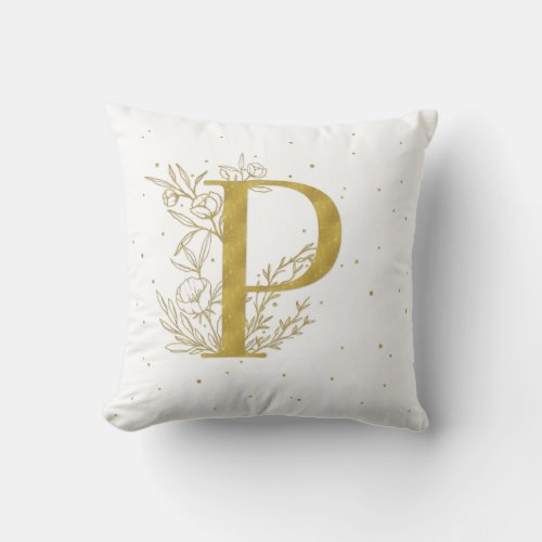 Letter P Gold Monogram Botanical Illustration Throw Pillow