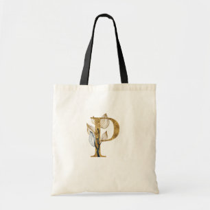 *~* Letter P Gold Monogram Initial Black Leaves Tote Bag