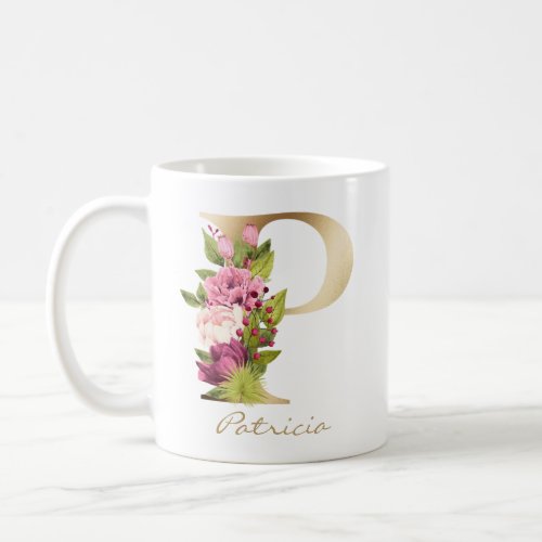 Letter P Gold Monogram Pink White Magenta Floral G Coffee Mug