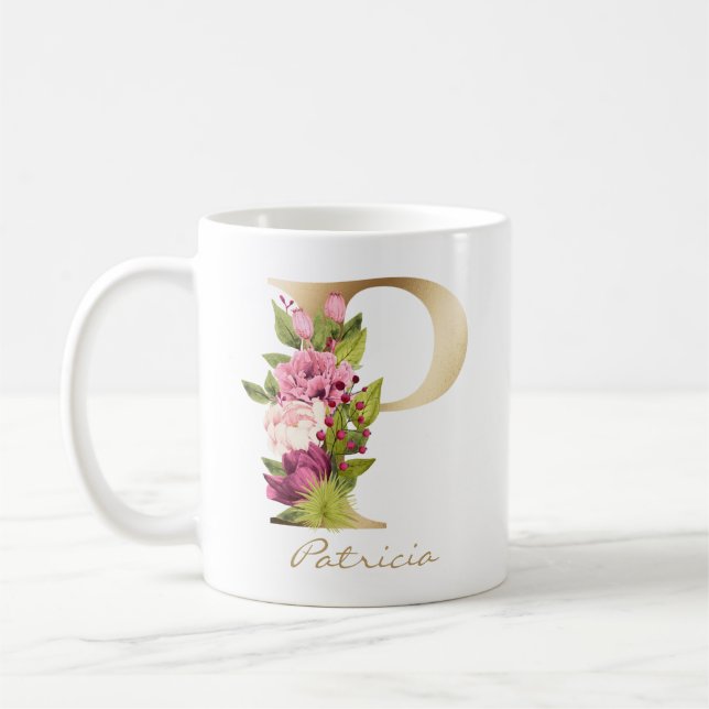 Letter P Gold Monogram Pink White Magenta Floral G Coffee Mug (Left)