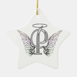 Letter P Initial Monogram with Angel Wings & Halo Ceramic Ornament