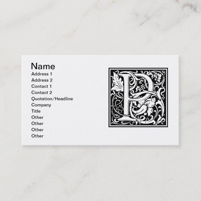 Letter P Medieval Monogram Art Nouveau Business Card (Front)