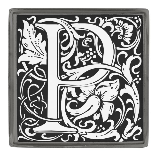 Letter P Medieval Monogram Art Nouveau Gunmetal Finish Lapel Pin (Front)