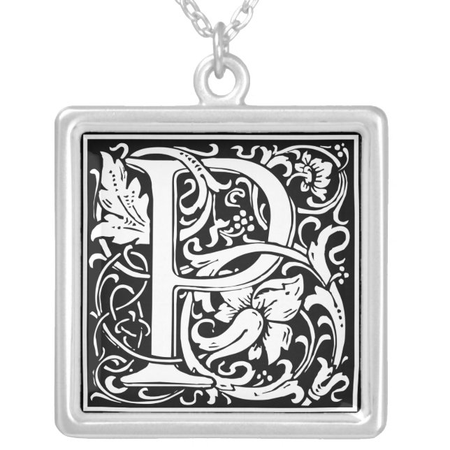 Letter P Medieval Monogram Art Nouveau Silver Plated Necklace (Front)