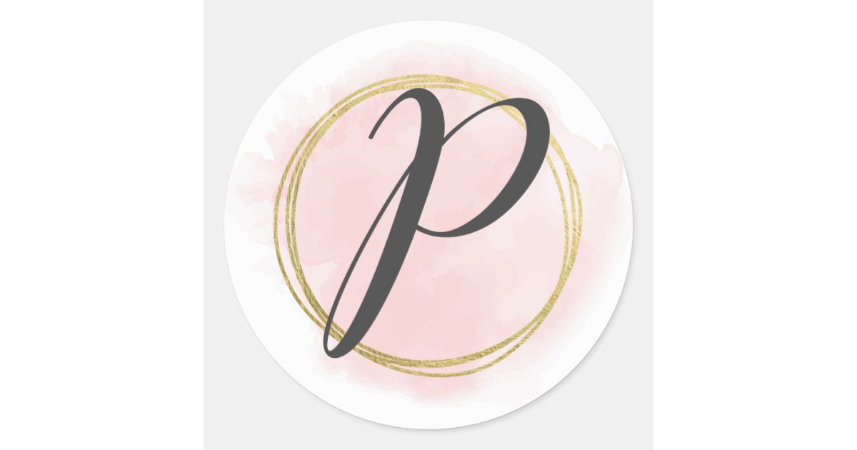 Letter P Monogram Blush Pink Watercolor Gold Chic Classic Round Sticker ...