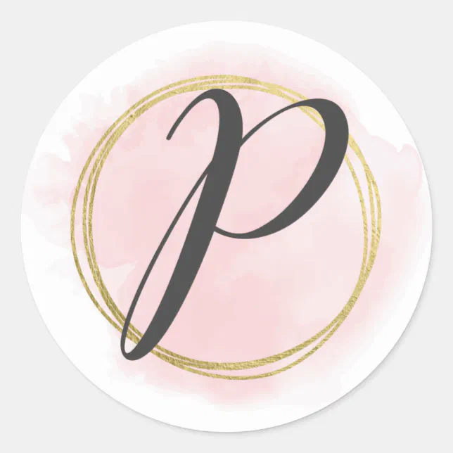 Letter P Monogram Blush Pink Watercolor Gold Chic Classic Round Sticker ...