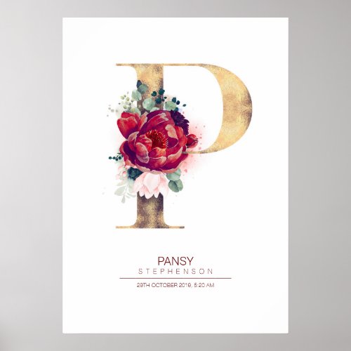 Letter P Monogram Floral Burgundy Red and Gold Poster