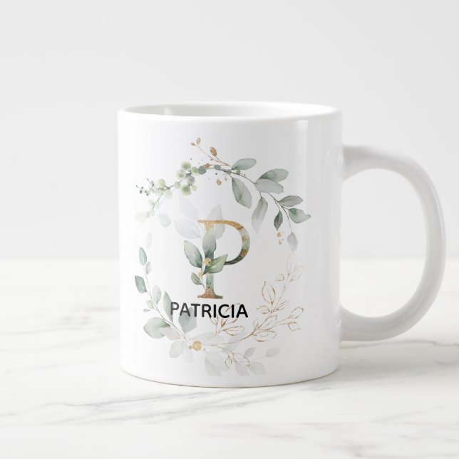 Letter P Monogram Initial Mug With Greenery Wreath (Right)