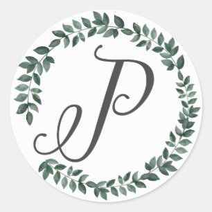 Letter P Monogram Minimalist Botanical Leaf Wreath Classic Round Sticker