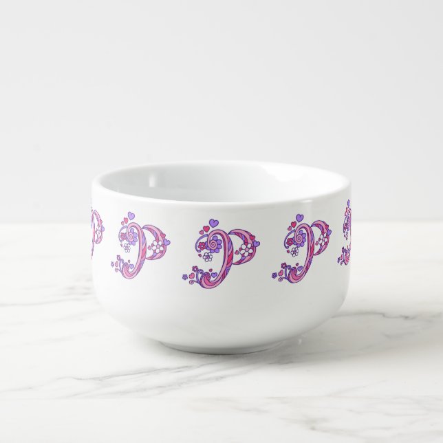 Letter P monogram pink purple art soup bowl mug (Front)