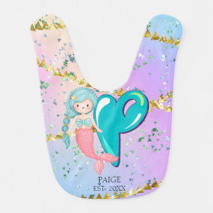 Letter P Monogram Watercolor Cute Mermaid Nursery Baby Bib