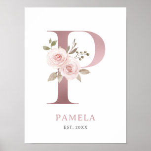 Letter P Monogram Watercolor Rose Florals Nursery  Poster
