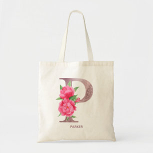 Letter P Personalized Floral Monogram Tote Bag