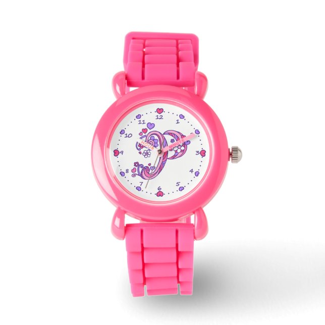Letter P pink monogram personalized girls watch (Front)