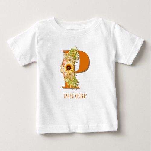 Letter P Sunflower Floral Monogram with Name Baby T_Shirt