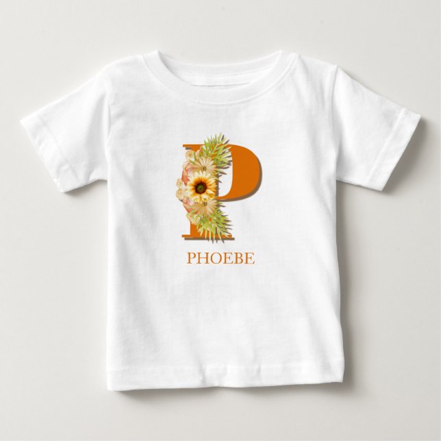 Letter P Sunflower Floral Monogram with Name Baby T-Shirt (Front)