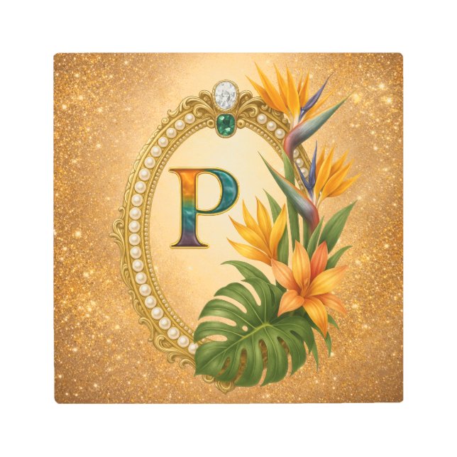 Letter P Tropical Monogram Gold Metal Wall Art (Front)