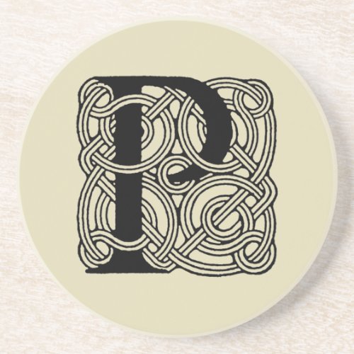 Letter P Vintage Celtic Knot Monogram Sandstone Coaster