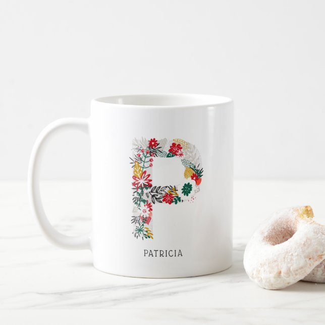 Letter P | Whimsical Floral Letter Monogram I Mug (With Donut)