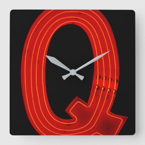Letter Q Alphabet Photography in Red Neon Square Wall Clock