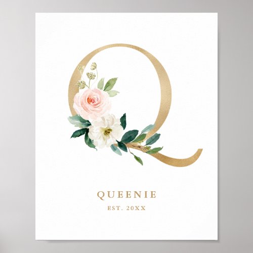 Letter Q Blush Floral Monogram Gold Foil Nursery Poster