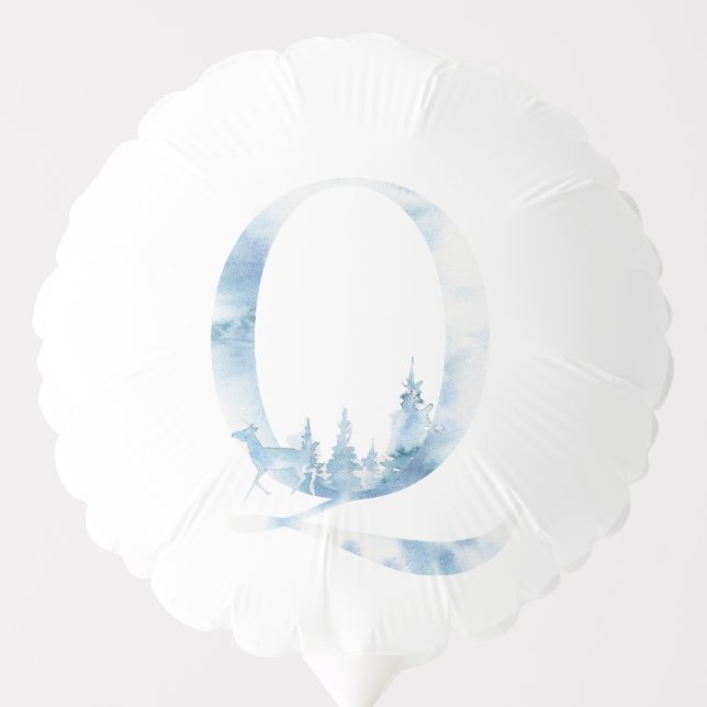 Letter Q Dusty Blue Winter Forest Monogram Initial Balloon (Front)