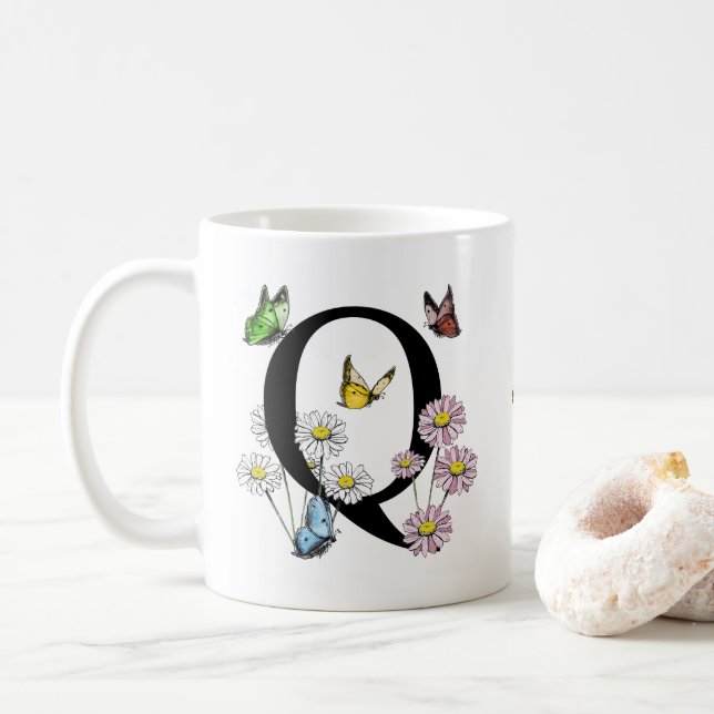 Letter Q Floral Butterfly Monogram Initial Coffee Mug (With Donut)