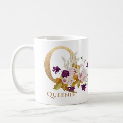 Letter Q _ Gold Floral Name sister coworker friend Coffee Mug