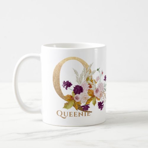 Letter Q _ Gold Floral Name sister coworker friend Coffee Mug