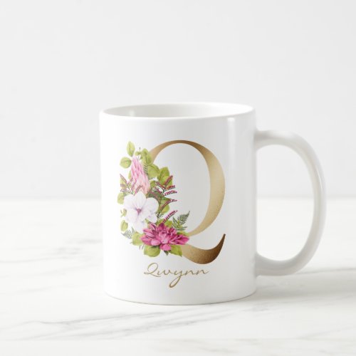 Letter Q Gold Monogram Pink White Magenta Floral Coffee Mug