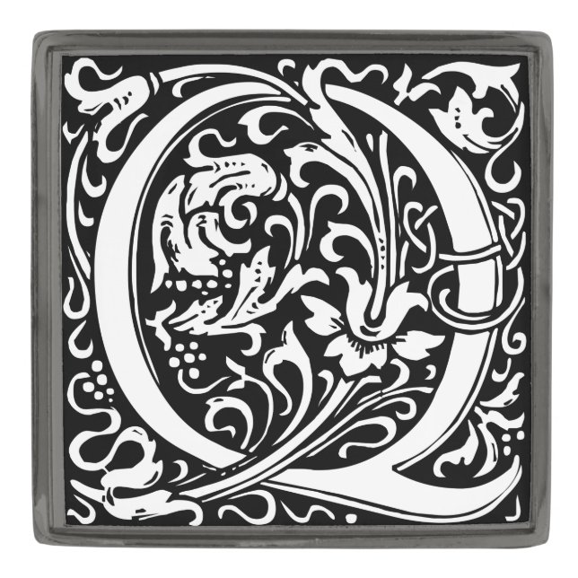 Letter Q Medieval Monogram Art Nouveau Gunmetal Finish Lapel Pin (Front)