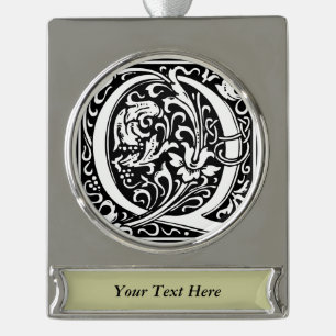 Letter Q Medieval Monogram Art Nouveau Silver Plated Banner Ornament