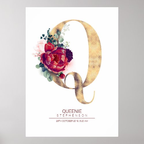Letter Q Monogram Floral Burgundy Red and Gold Poster