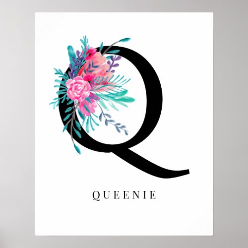 Letter Q monogram pink floral watercolor nursery Poster