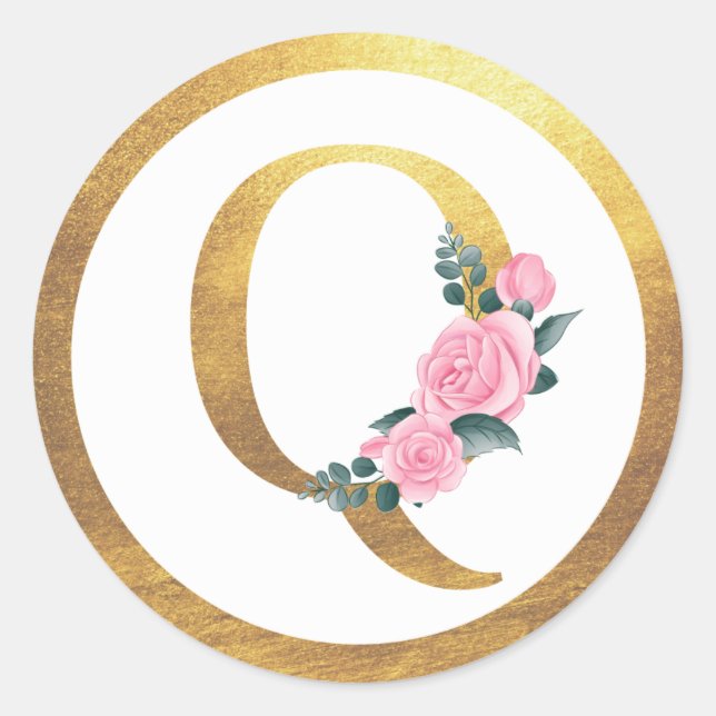 Letter Q Monogram Pink Roses Floral & Elegant Gold Classic Round Sticker (Front)