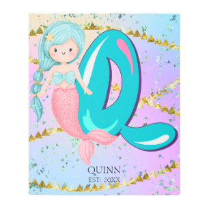 Letter Q Monogram Watercolor Cute Mermaid Nursery Metal Print