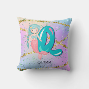 Letter Q Monogram Watercolor Cute Mermaid Nursery Throw Pillow