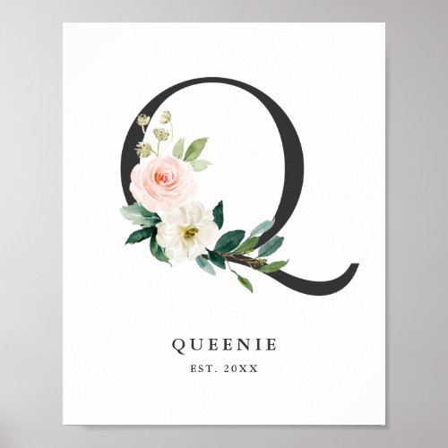 Letter Q Monogram Watercolor Peach Florals Nursery Poster