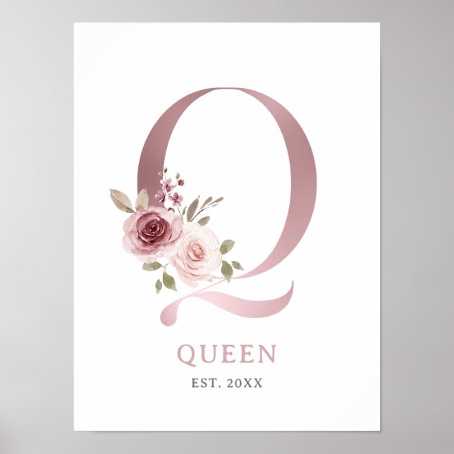Letter Q Monogram Watercolor Rose Florals Nursery  Poster (Front)