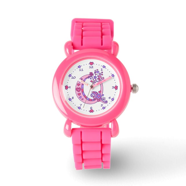 Letter Q pink monogram personalized girls watch (Front)