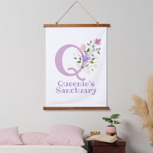 Letter Q plus First Name with a Floral Design Hanging Tapestry