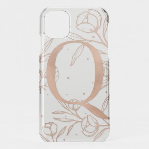 Letter Q Rose Gold Monogram Botanical Illustration iPhone 11 Case