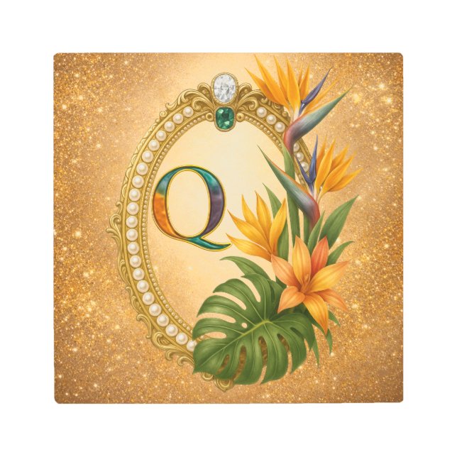 Letter Q Tropical Gold Monogram Metal Wall Art (Front)