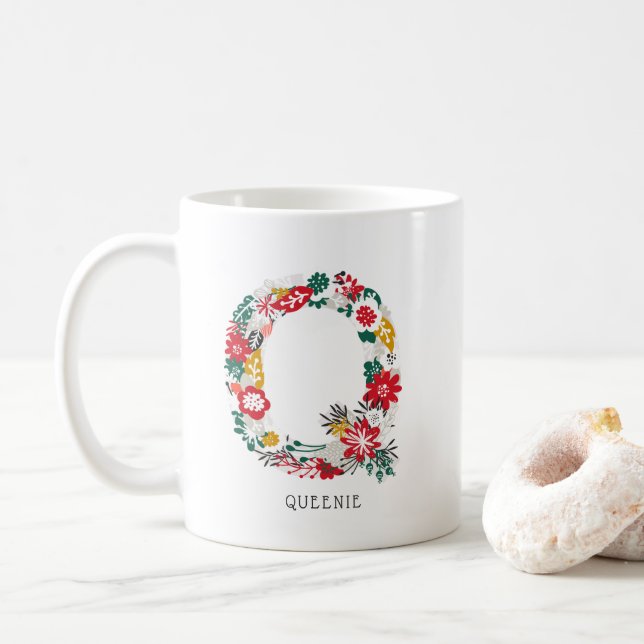 Letter Q | Whimsical Floral Letter Monogram I Mug (With Donut)
